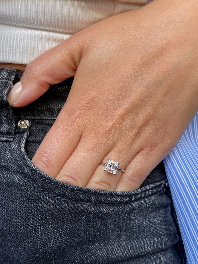 White silver Solitaire Ring with Brilliant Cut Monzonite Diamond Engagement -Woman Gift - Ring- Jewelry for Her